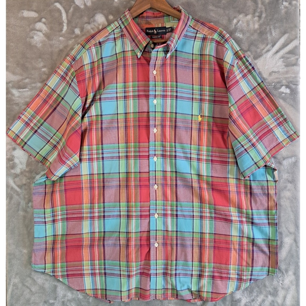 Polo Ralph Lauren Shirt Mens 3XB Plaid Madras Short‎ Sleeve Button Down Pony